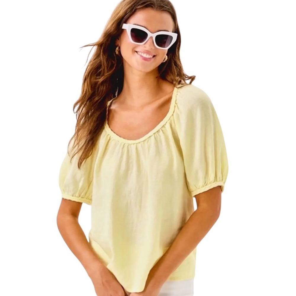 Lilly Pulitzer Women's Yellow Linen Calais Puff Sleeve Braided Trim Top XL